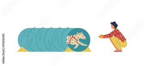 Woman training her dalmatian on agility field flat vector illustration. Dog runs out from agility tunnel. Isolated.