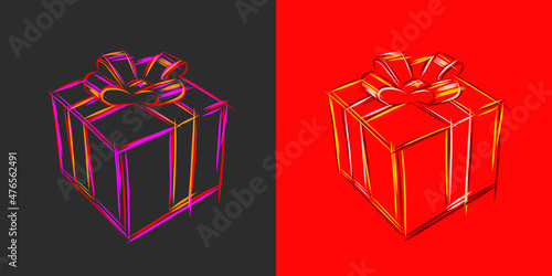 Hand drawn sketch illustration of a gift box, bright colorful crayons lines graphic on dark backdrop