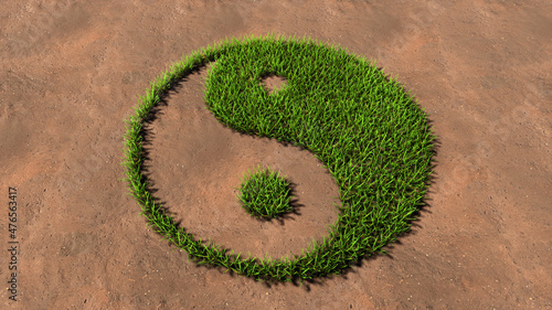 Concept conceptual green summer lawn grass symbol shape on brown soil or earth background, chinese symbol of Yin-Yang. 3d illustration metaphor for taoism, meditation, balance and armony photo
