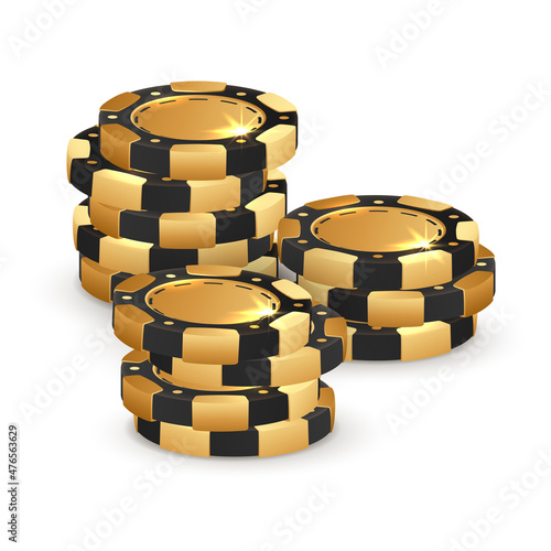 Three stacks of black and gold  poker chips, tokens on white background. Vector illustration for casino, game design, flyer, poster, banner, web, advertising.
