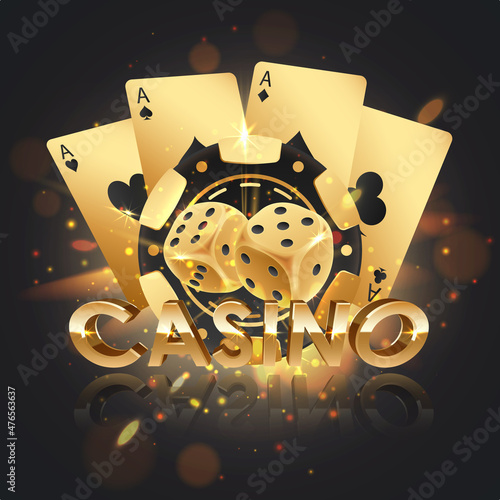Golden logo casino with gold poker chips, token, gold dices and playing cards with reflection and lights. Concept for game design. Vector illustration.