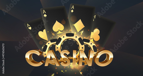 Golden logo casino with tree gold and black poker chips, tokens, and playing cards with reflection and lights. Concept for game design. Vector illustration.