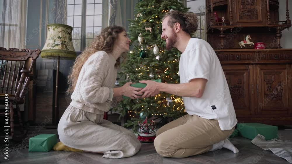 Husband give wrapped box with Christmas gift to his wife, sitting together near decorated festive tree, New Year winter holidays family celebration. Husband give wrapped box with Christmas gift to his wife, sitting together near decorated festive tree, New Year winter holidays family celebration.