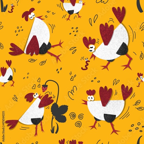 Seamless pattern of funny chickens. Funny chickens in yellow, white, burgundy and black. Cartoon birds. Design for wrapping paper, textiles, interior, backgrounds and decoration.