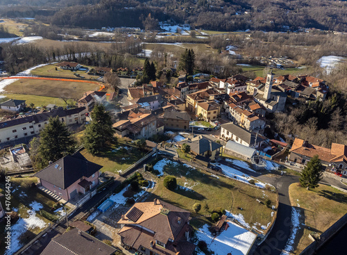 Aerial view of small Italian village Ferrera di Varese at winter season  situated in province of Varese  Lombardy  Italy