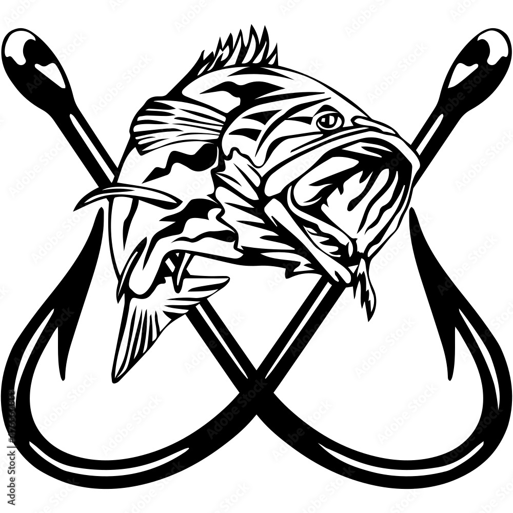 Fishing svg design with a bass fish and crossed fishing hooks, bass fishing  logo Stock Vector