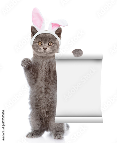 Cute kitten wearing Easter rabbits ears shows an empty list. Isolated on white background