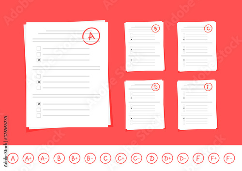 Test on paper with set of grades isolated on red and white background. Vector illustration