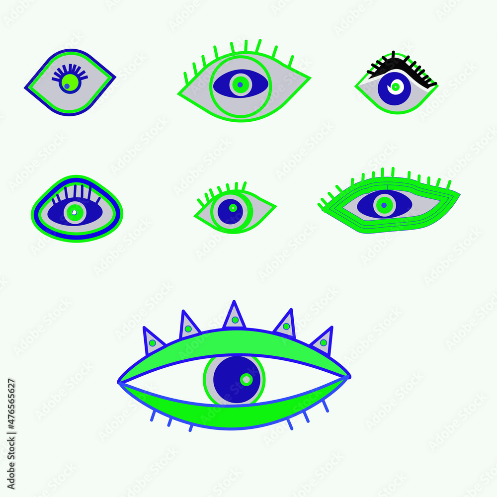 Evil Seeing eye symbol naive set. Occult mystic emblem, graphic design tattoo. Esoteric sign alchemy, decorative style, providence sight. Vector illustration.