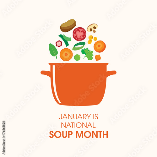 January is National Soup Month vector. Vegetables flying into the pot vector. Pot of vegetable soup icon vector. Healthy vegetable broth icon