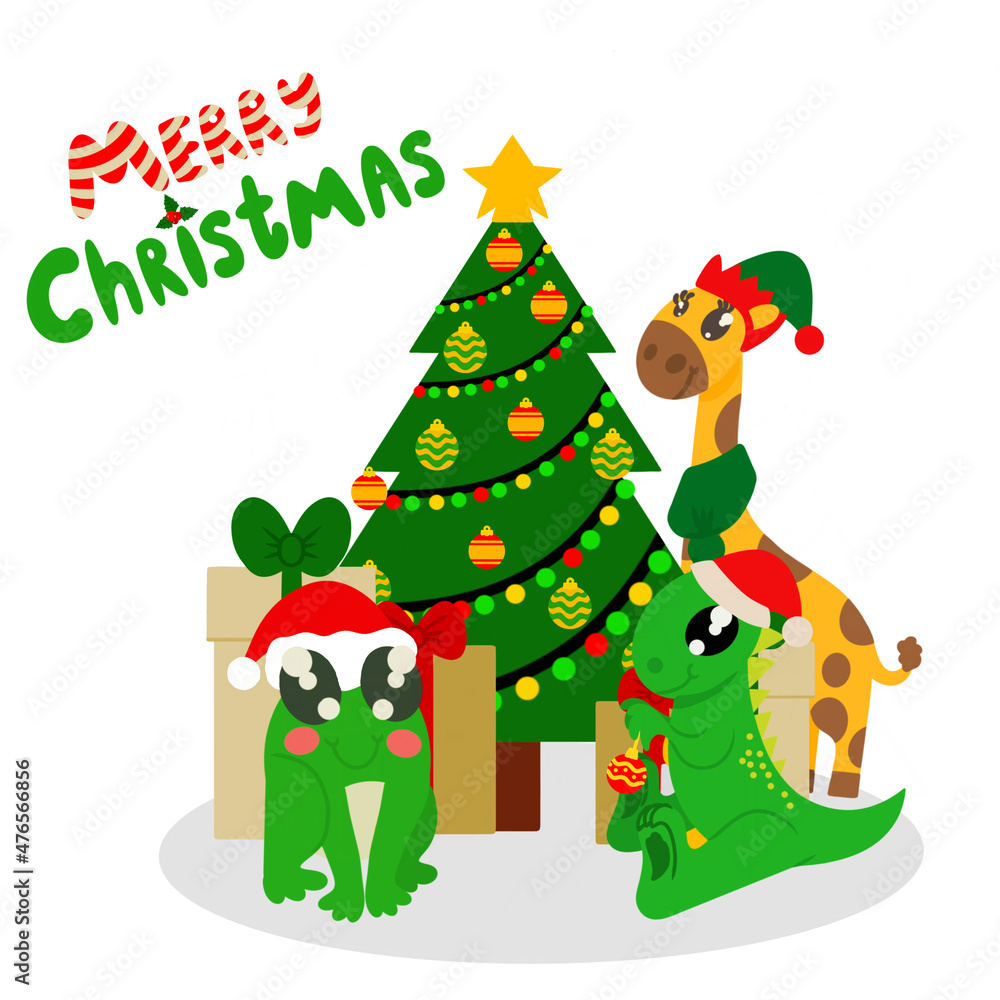 Festive postcard with merry christmas signature and cute animals around decorated tree. Frog with new years cap dinosaur with christmas ball in paws and giraffe in elf costume. Image isolated on white Festive postcard with merry christmas signature and cute animals around decorated tree. Frog with new years cap dinosaur with christmas ball in paws and giraffe in elf costume. Image isolated on white