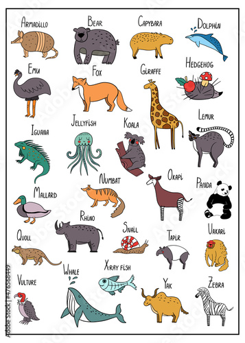 Full animal alphabet with colorful illustrations. Color alphabet poster for kids, school, home wall art, gift.