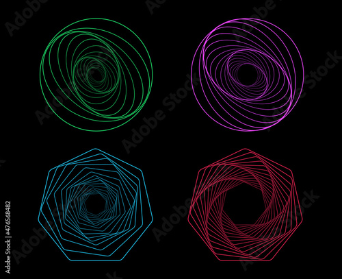 Set of twisted spirals. Sacred geometry. Tunnel with lines in the form of a circle and hexagons. Vector geometric fractal element.