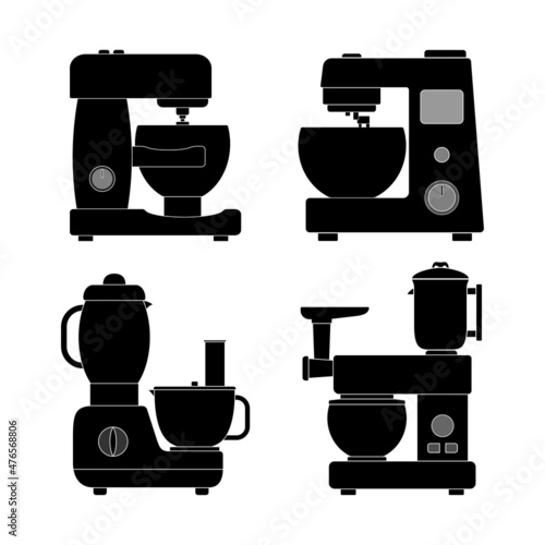Icons of powerful kitchen blenders of various types for chopping food for cooking on a white background.