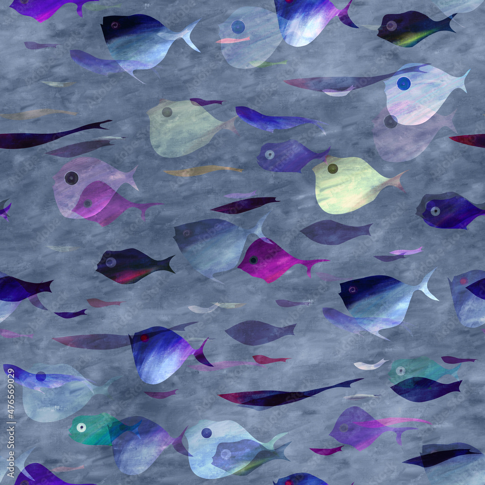 Obraz premium Seamless pattern, bright, multicolored fish, a flock of fish, the underwater world.