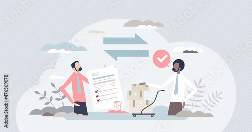 Procurement occupation with inventory planning or control tiny person concept. Supplier prices negotiation and new contract signing vector illustration. Specification and proposal request process. photo