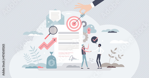 Procurement occupation with demand supply monitoring tiny person concept. Supplier communication, prices analysis and product purchase control vector illustration. Negotiation and proposal request job © VectorMine