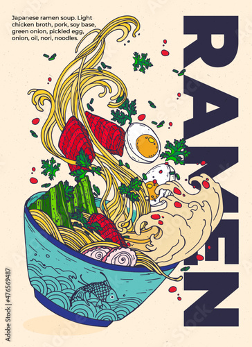 Vector flat cartoon illustration. Japanese ramen soup with herbs, egg, seaweed in a plate with fish