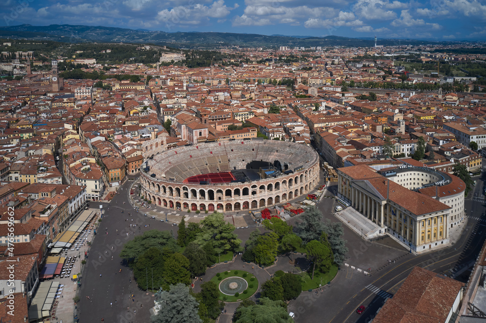 Verona, Italy aerial view of the historic city. Famous Italian amphitheater aerial view. Aerial panorama of the famous Piazza Bra in Verona. Monument to Unesco Arena di Verona in Italy top view.
