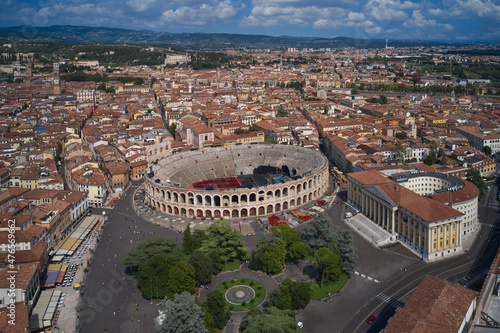 Verona, Italy aerial view of the historic city. Famous Italian amphitheater aerial view. Aerial panorama of the famous Piazza Bra in Verona. Monument to Unesco Arena di Verona in Italy top view. © Berg