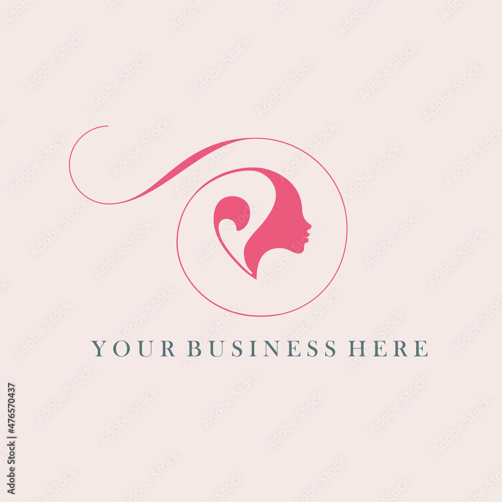 Letter V woman portrait silhouette.Beauty and hair salon logo.Lettering icon.Alphabet initial profile view face.Cosmetics, spa, beautician logo isolated on light background.Decorative swirl.