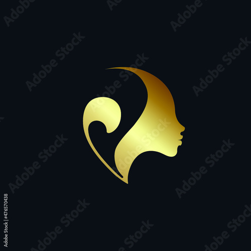Letter V woman portrait silhouette.Beauty and hair salon logo.Lettering icon.Alphabet initial profile view face.Cosmetics, spa, beautician logo isolated on dark background.Gold color.
