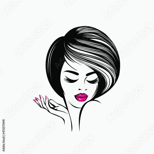 Woman with wavy hairstyle  elegant makeup and manicure.Beautiful girl portrait.Hair salon  nails art  beauty studio illustration.Cosmetics  spa logo.Young lady face.Pink lipstick and nail polish.