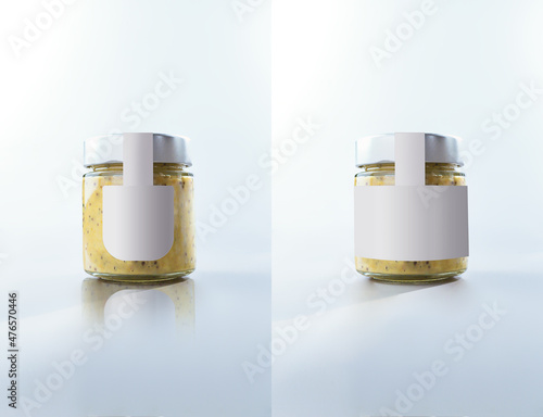 Mustard Jar Mockup, blankes Etikett, Senf Glas Vorlage photo