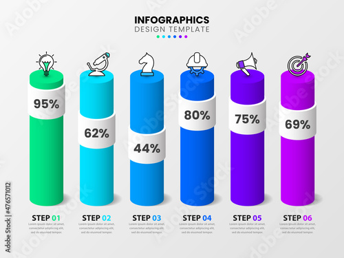 Infographic template with 6 options or steps. columns with percentages