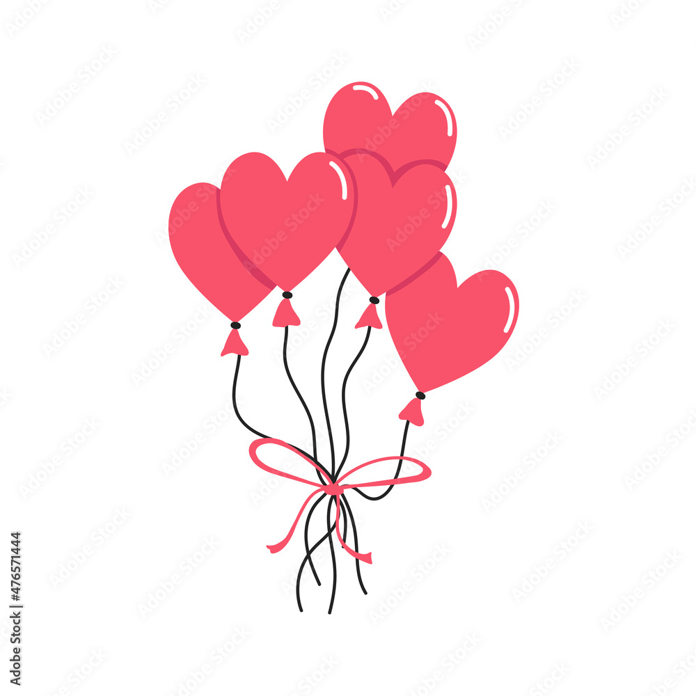 Balloons hearts tied by ribbon vector illustration. Romance. Valentine's Day.