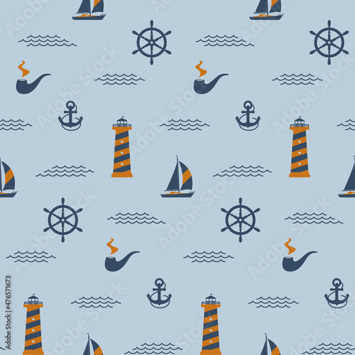 Seamless blue-orange marine pattern. Ship, lighthouse, lighthouse, smoking pipe on the background of the sea with waves. Color vector illustration, flat style. EPS10