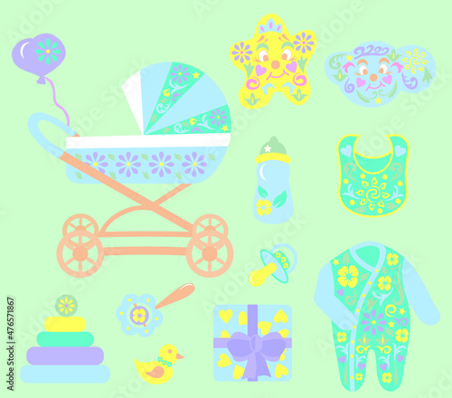 A set of children's objects for stickers. Cute illustrations of baby products. A poster with beautiful items for toddlers. Simple drawing style in pastel colors. Pictures for parents.
