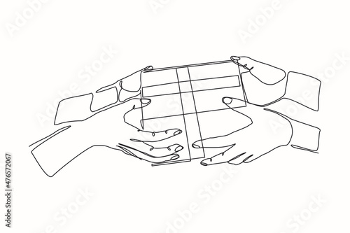 Continuous line drawing of couple hands holding gift box with ribbon. Single one line art of birthday surprise and christmas box. Vector illustration