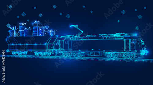 Happy New Year and Merry Christmas polygonal 3d train with gifts in dark blue background. A festive atmosphere for your corporate gifts, calendars, banners and postcards. Online cargo delivery service