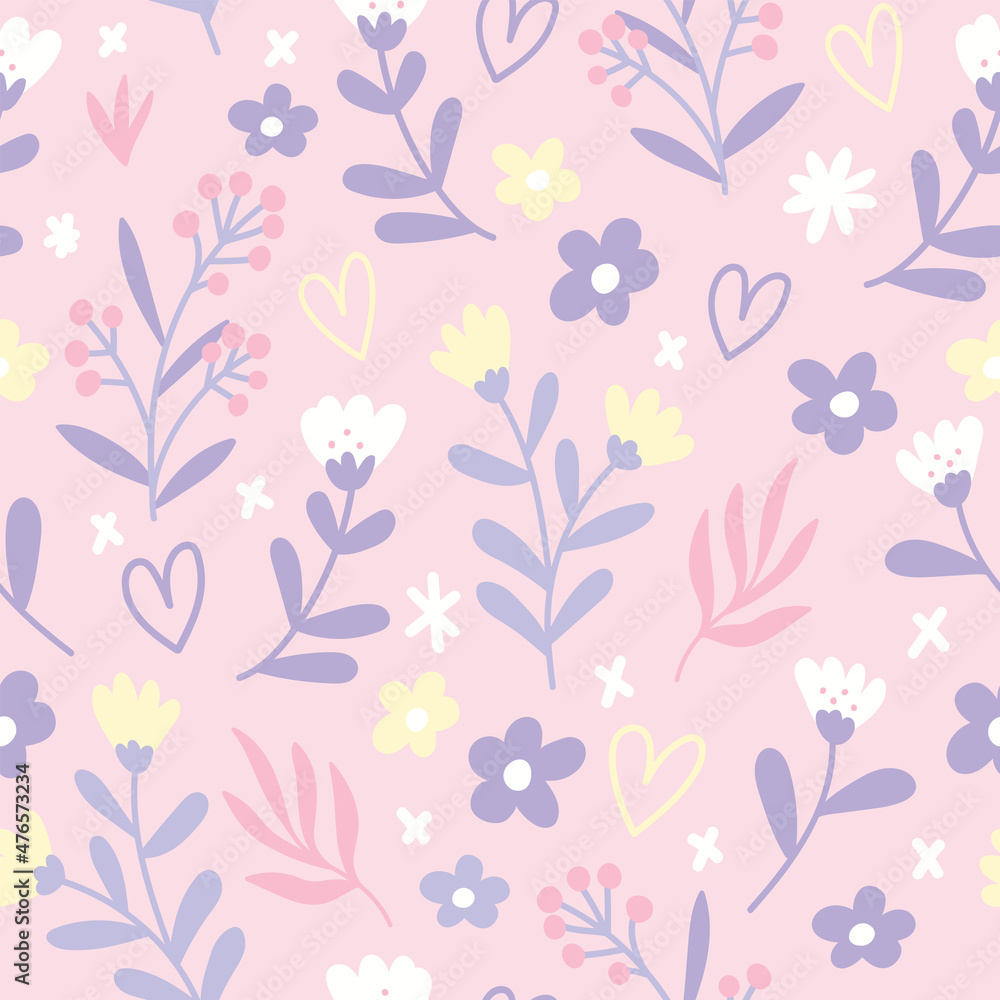 Cute doodle flowers seamless pattern. Flat vector illustration in pastel tones. Floral print for fabric, gift wrapping paper, stationery, package and any surface Cute doodle flowers seamless pattern. Flat vector illustration in pastel tones. Floral print for fabric, gift wrapping paper, stationery, package and any surface