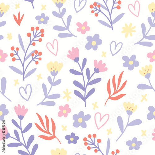 Cute doodle flowers seamless pattern. Flat vector illustration in pastel tones. Floral print for fabric, gift wrapping paper, stationery, package and any surface