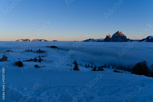 Swiss mountain village Stoss, Canton Schwyz, on a beautiful winter morning. Photo taken December 21st, 2021, Stoos, Switzerland.