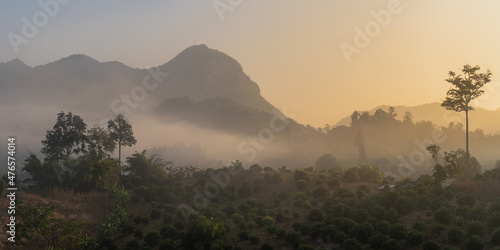 Scenic sunrise landscape view with fog in rural valley in the beautiful mountains of Chiang Dao  Chiang Mai  Thailand