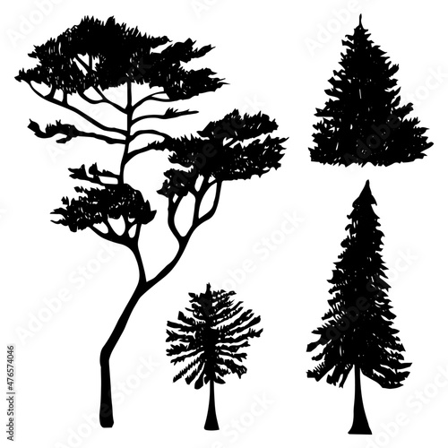 Trees silhouettes. Forest and park pines firs and spruces, coniferous and deciduous trees. Vector isolated retro images nature set