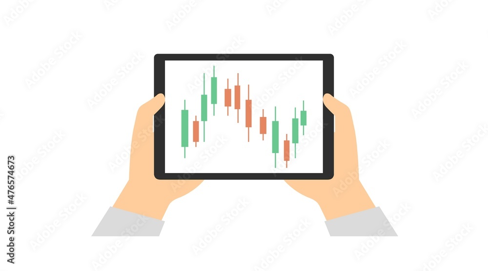 Trading and tablet. Vector flat editable illustration of a tablet with trading candles. Trading and tablet. Vector flat editable illustration of a tablet with trading candles.
