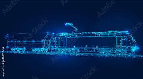 Polygonal 3d train on dark blue background. Online cargo delivery service, logistics or tracking app concept. Abstract vector illustration of online freight delivery service