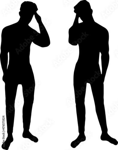 two men touching head with hand. One for hail other for thinking about
