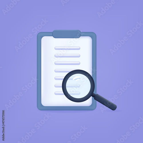 3d document check. Clipboard form with information on the page. Data verification, approved application or business document research. Review of the project, result of the check. Vector illustration