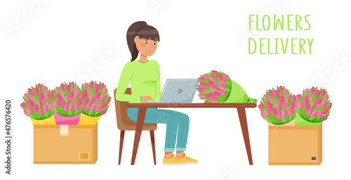 Flowers delivery concept - girl selling flowers online