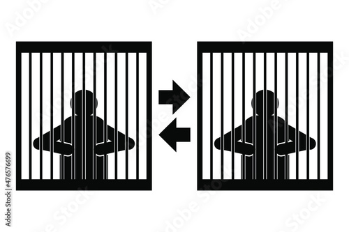 Man behind bars, prison and detention, two arrows, black sign on white background, vector illustration