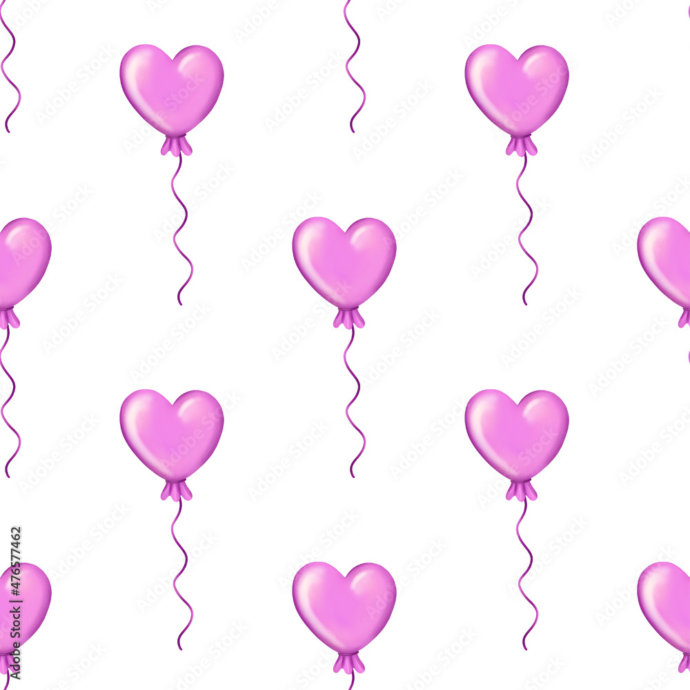 seamless pattern with purple heart shaped air balloons on white background