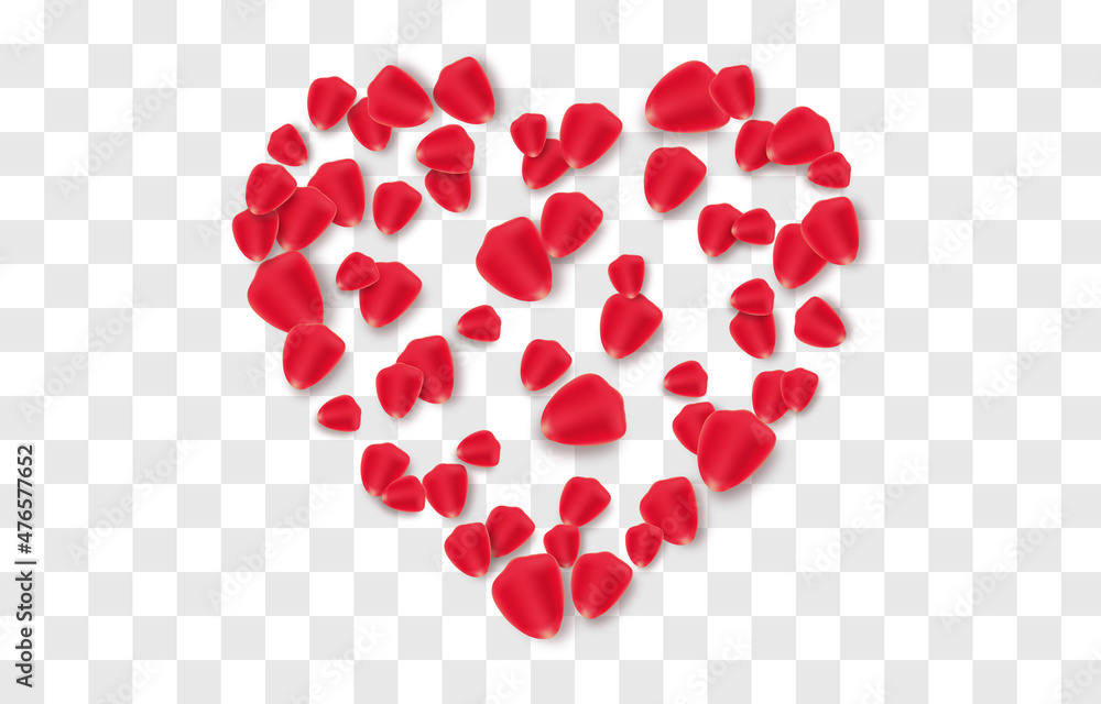 Vector rose petals on isolated transparent background. Petals in the shape of a heart png. Holiday, Valentine's Day. Vector rose petals on isolated transparent background. Petals in the shape of a heart png. Holiday, Valentine's Day.