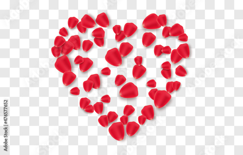 Vector rose petals on isolated transparent background. Petals in the shape of a heart png. Holiday, Valentine's Day.