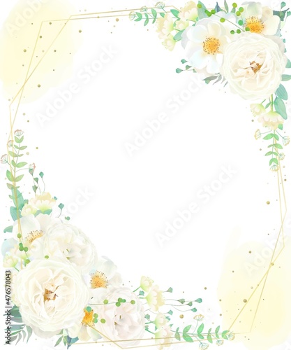美しい白いバラの花とリーフの招待状縦ゴールド水彩画風フレームベクターイラスト素材