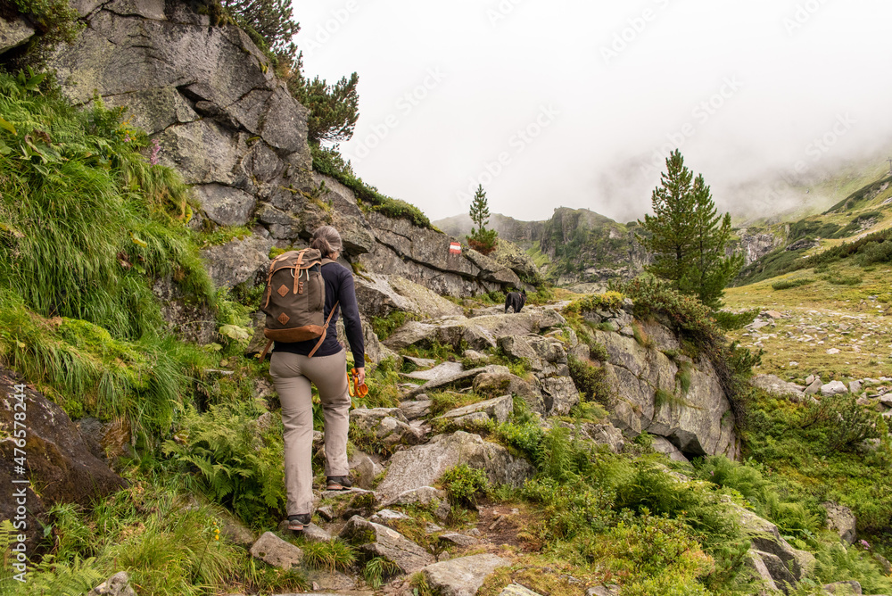 Woman hiking with her dog in the High Tauern National Park